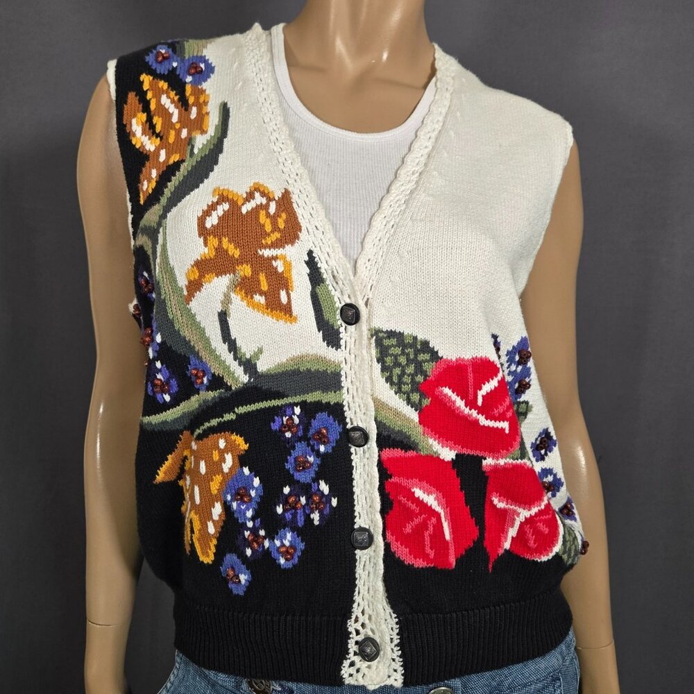 Vintage 90s Floral Sweater Vest Size M beaded Cottagecore Button Up Cardigan